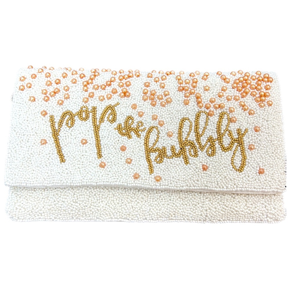 Pop The Bubbly beaded bag (clutch or shoulder) in White. Bride or bridesmaid!